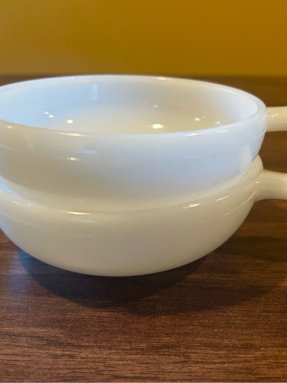 Vintage Glasbake White Milk Glass Bowls Set of 2 soups & Sauces w lugnut handle